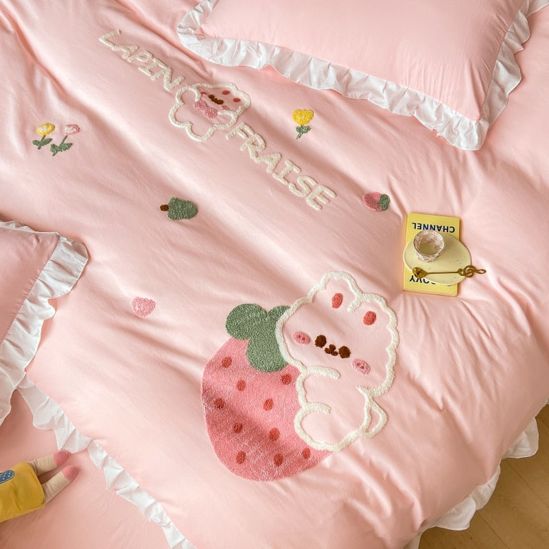 Yellow Purple Cartoon Strawberry Rabbit Embroidered Kids Duvet Cover, Polyester Bedding Set