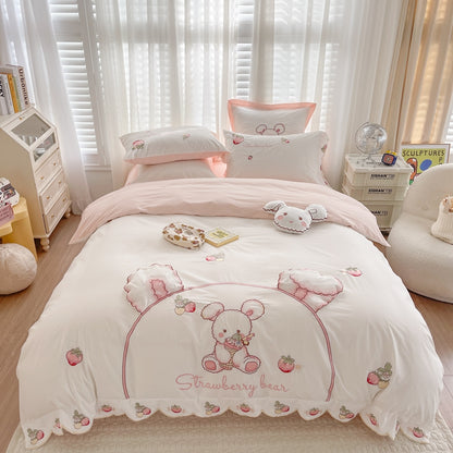 Pink Whites Cartoon Strawberry Bear Embroidered Girl Duvet Cover Set, Washed Cotton 400TC Bedding Set