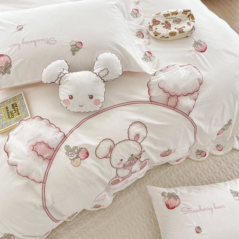 Pink Whites Cartoon Strawberry Bear Embroidered Girl Duvet Cover Set, Washed Cotton 400TC Bedding Set