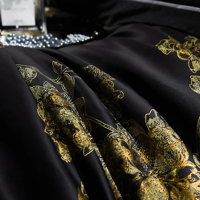 Black Gold Flower Europe Digital Printing Luxury Soft Duvet Cover Set, 1000TC Egyptian Cotton Bedding Set