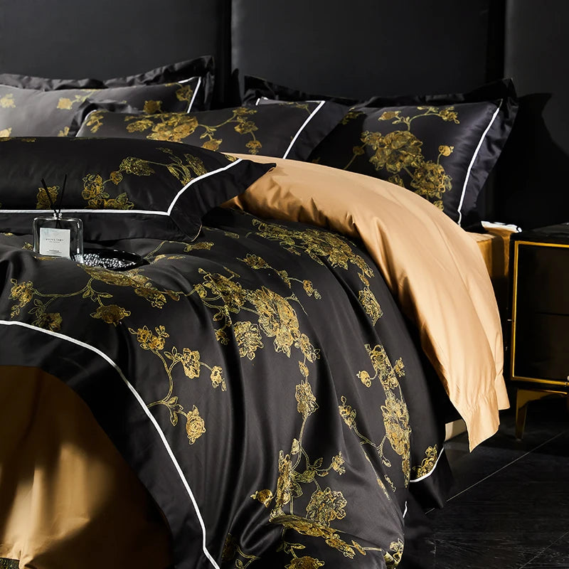 Black Gold Flower Europe Digital Printing Luxury Soft Duvet Cover Set, 1000TC Egyptian Cotton Bedding Set