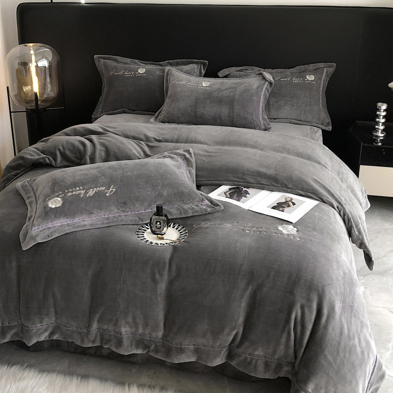 Black Dark Grey Flowers Embroidery Modern Duvet Cover Set, Velvet Fleece Bedding Set