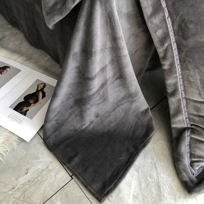 Black Dark Grey Flowers Embroidery Modern Duvet Cover Set, Velvet Fleece Bedding Set
