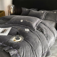 Thumbnail for Black Dark Grey Flowers Embroidery Modern Duvet Cover Set, Velvet Fleece Bedding Set