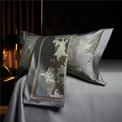Dark gray Luxury Silky Satin Egyptian Cotton 1000TC Jacquard Woven Duvet Cover Bedding Set
