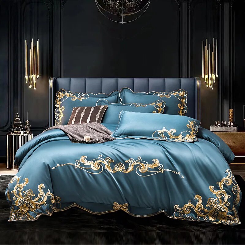 Emeralds Gold Europe Baroque Premium Embroidery 100%Cotton Duvet Cover Bedding Set