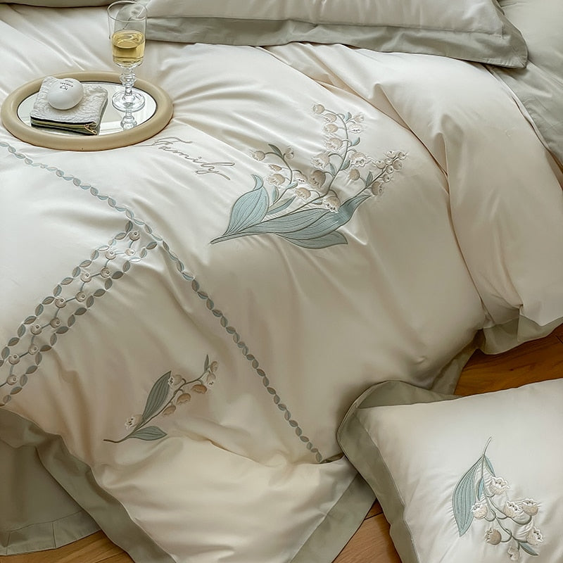 Green Elegant Orchid Lily Valley European Embroidered Flower Duvet Cover Set, 1000TC Egyptian Cotton Bedding Set