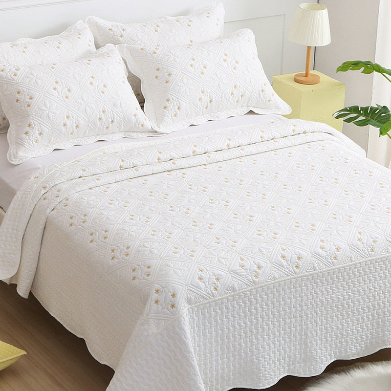 Pure White Elegant Classical Plum Floral Embroidered Bedspread Pillow Case Cotton 500TC for Bedding
