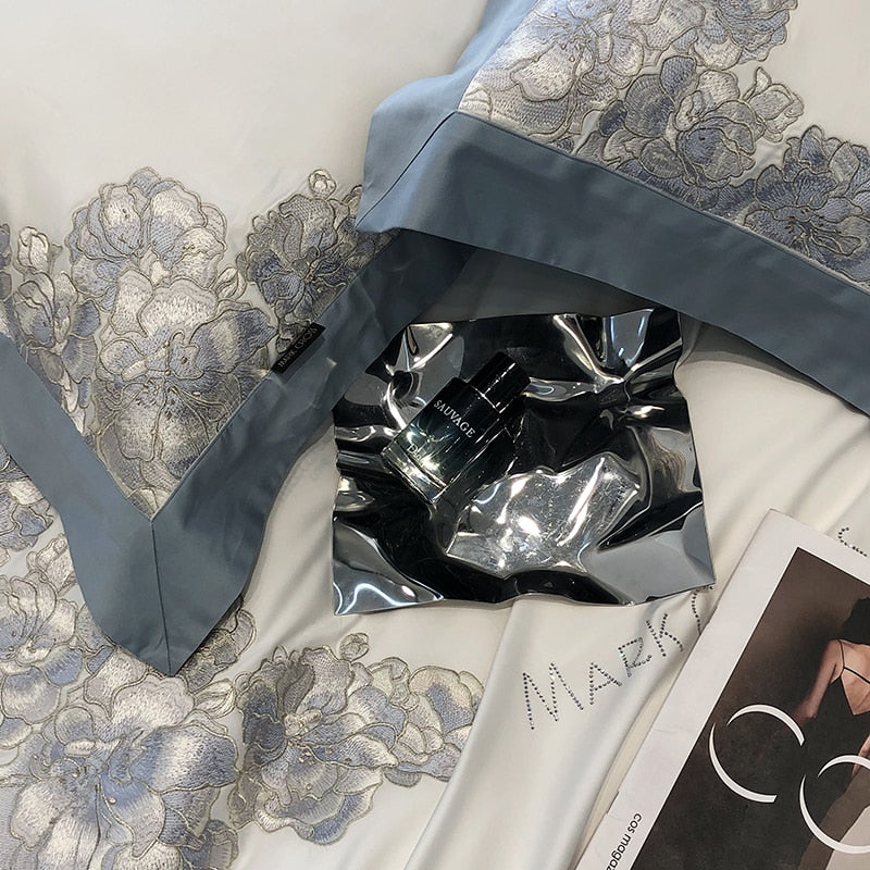 Luxury Blue White Elegant Flowers Embroidered Patchwork Duvet Cover, Egyptian Cotton 1000TC Bedding Set