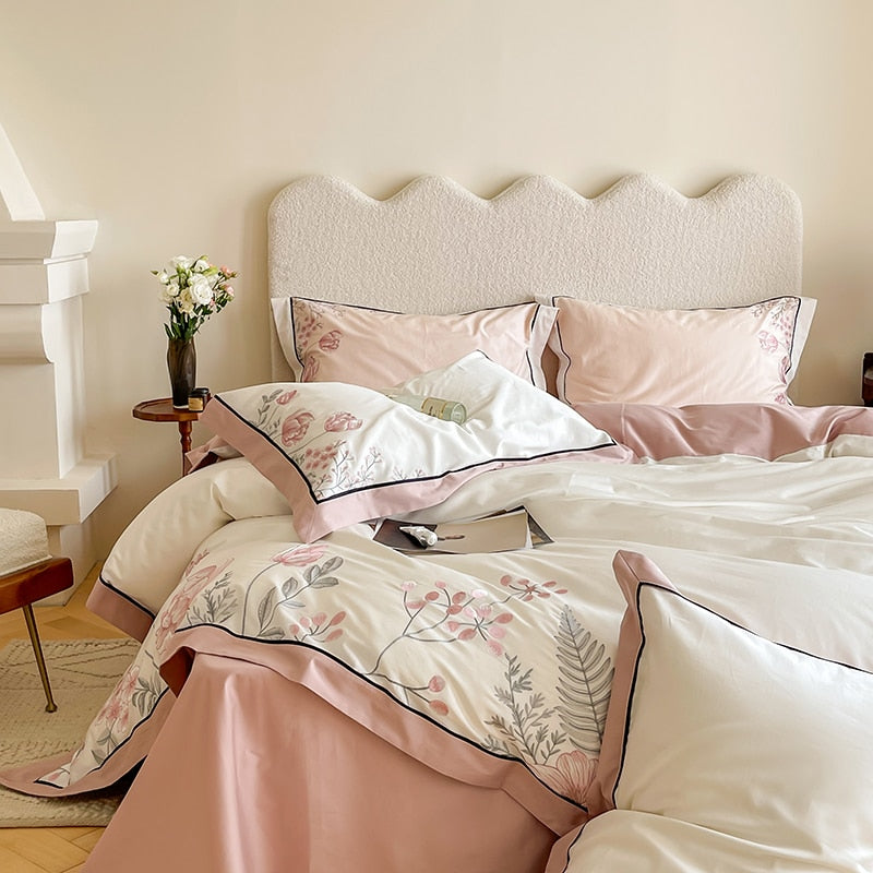 Premium Elegant Pink Flowers Sweet Wedding Embroidery Duvet Cover, 1000TC Egyptian Cotton Bedding Set