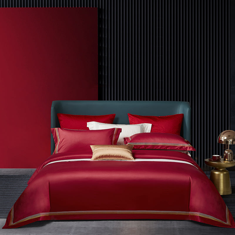 Red Burgundy Champaign Luxury Embroidered Silky Soft Duvet Cover Set, Egyptian cotton 1200TC Bedding Set