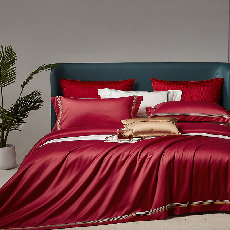 Red Burgundy Champaign Luxury Embroidered Silky Soft Duvet Cover Set, Egyptian cotton 1200TC Bedding Set