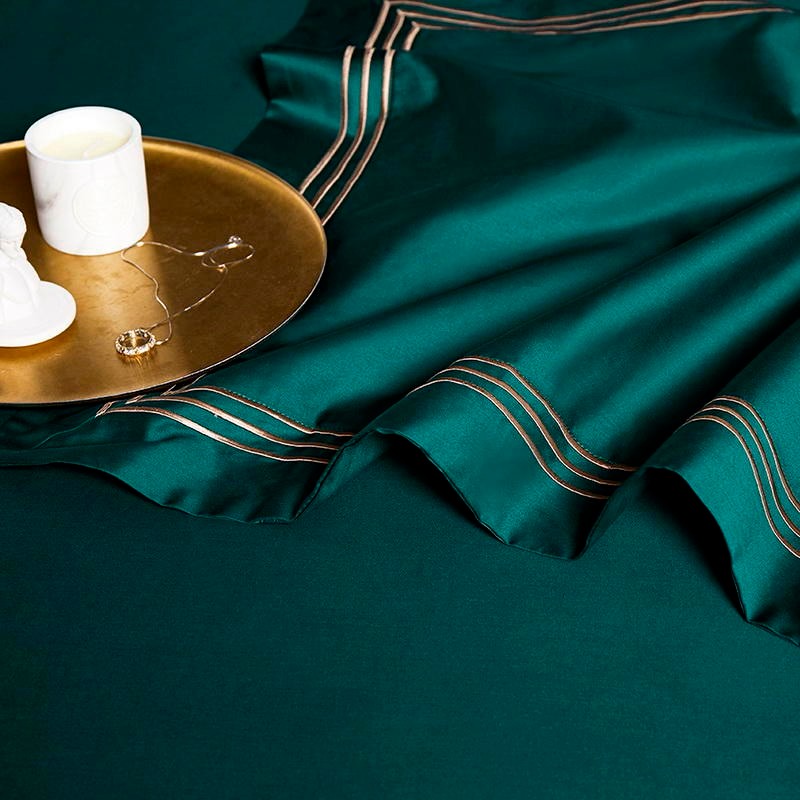 Premium Deep Green Blue Embroidered Duvet Cover Set, Egyptian Cotton 600TC Bedding Set