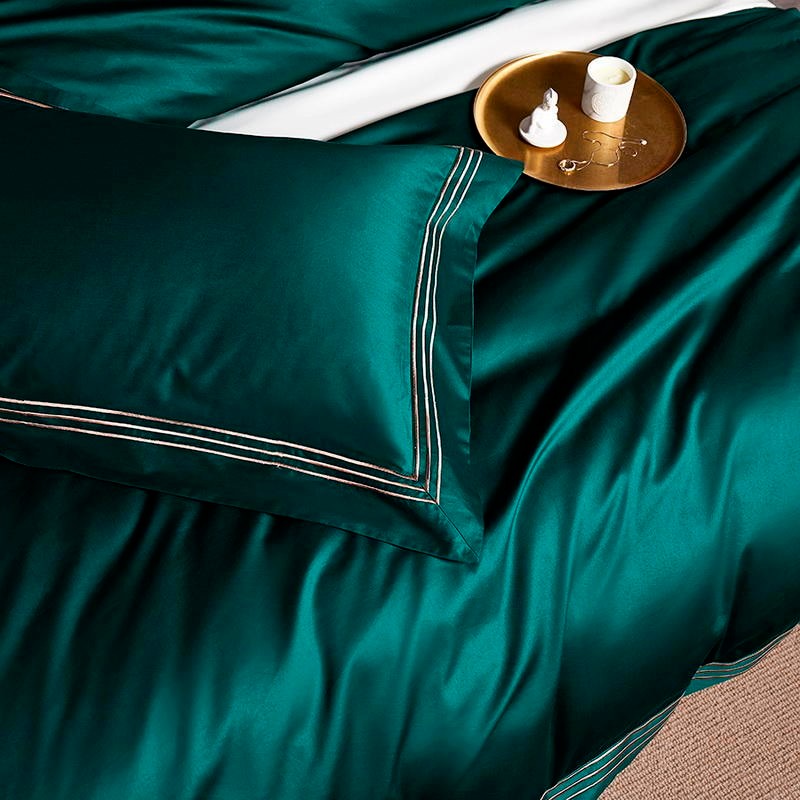 Premium Deep Green Blue Embroidered Duvet Cover Set, Egyptian Cotton 600TC Bedding Set