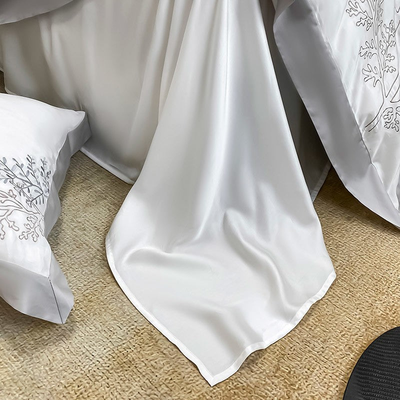 White Blue Embroidered Chic Wedding Duvet Cover Set, Bamboo Fiber 800TC Bedding Set