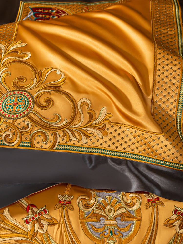 Luxury Red Gold European Horse Jacquard Embroidered Wedding Duvet Cover Set, 1200TC Egyptian Cotton Bedding Set