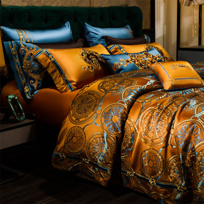 Luxury Vintage Silk European Gold Brown Baroque Duvet Cover Set, Egyptian Cotton 1200TC Bedding Set