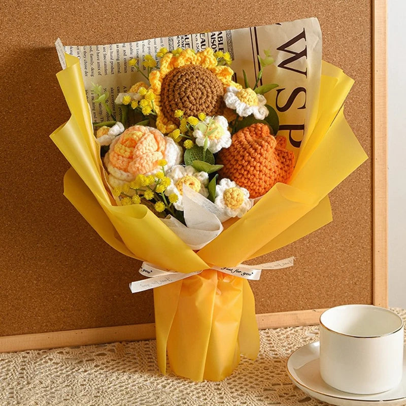 Nice Knitted Flowers Sunflower Crochet Bouquet Handmade Gifts Artificial Flora