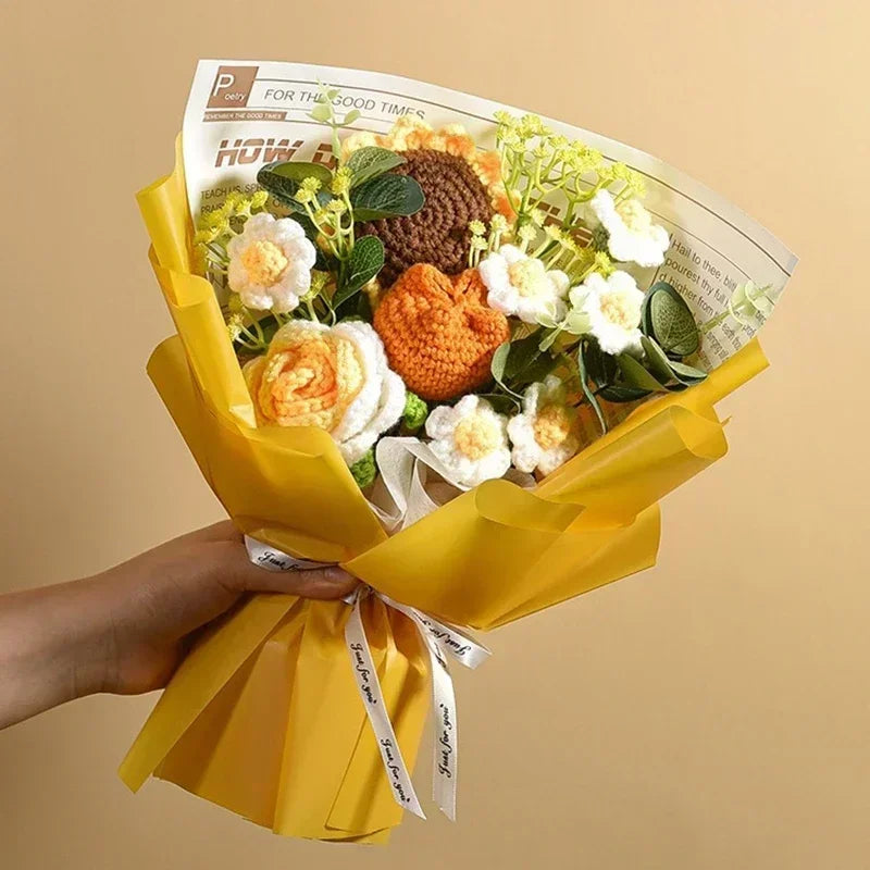 Nice Knitted Flowers Sunflower Crochet Bouquet Handmade Gifts Artificial Flora