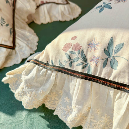 French Vintage Rose Floral Print Lace Edge Duvet Cover Set, Cotton 100% Bedding Set