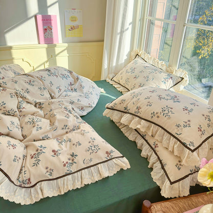 French Vintage Rose Floral Print Lace Edge Duvet Cover Set, Cotton 100% Bedding Set