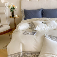 Thumbnail for White Blue Flowers Dragonfly Europe Satin Duvet Cover Set,1000TC Egyptian Cotton Bedding Set