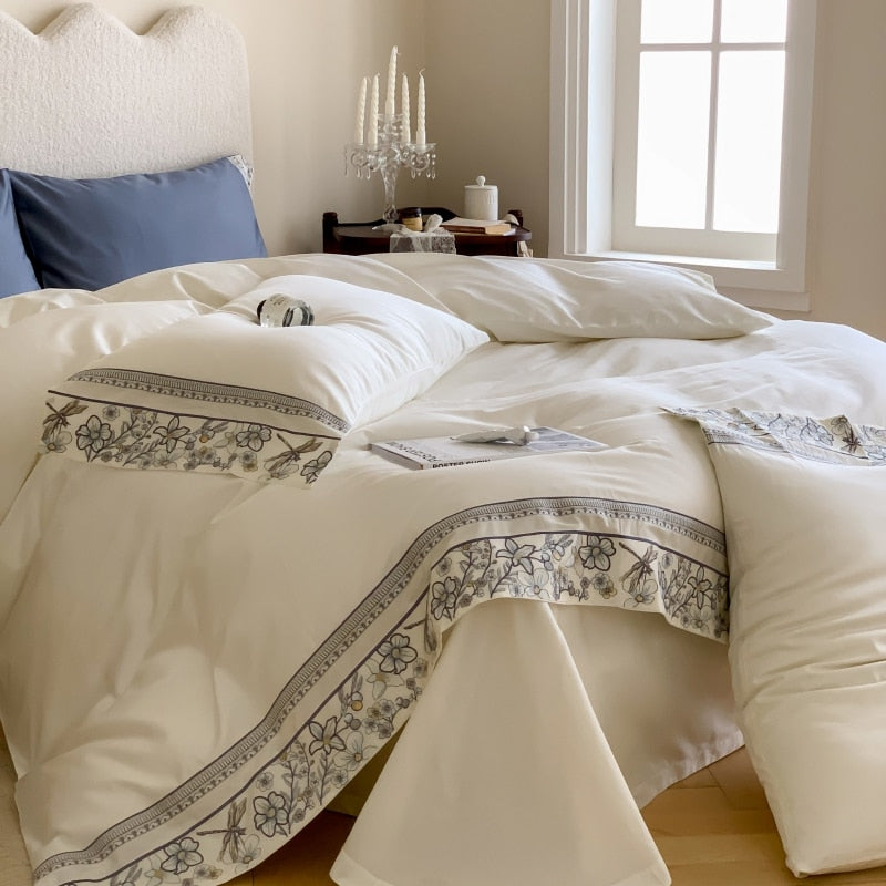 White Blue Flowers Dragonfly Europe Satin Duvet Cover Set,1000TC Egyptian Cotton Bedding Set