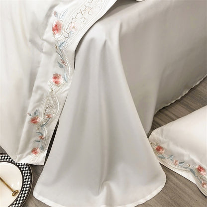 Pink Vintage English Flowers Premium Embroidered Duvet Cover, Egyptian Cotton 1000TC Bedding Set
