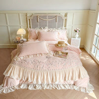 Thumbnail for Soft Pink Flowers Embroidery Romantic Lace Ruffles Duvet Cover, Velvet Fleece Bedding Set