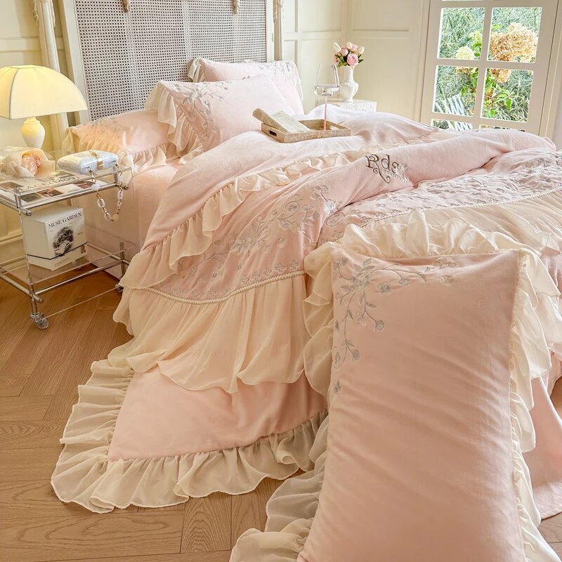 Soft Pink Flowers Embroidery Romantic Lace Ruffles Duvet Cover, Velvet Fleece Bedding Set