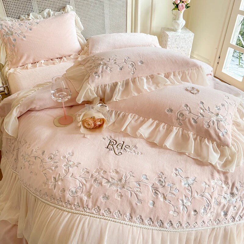 Soft Pink Flowers Embroidery Romantic Lace Ruffles Duvet Cover, Velvet Fleece Bedding Set