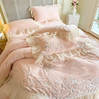 Thumbnail for Soft Pink Flowers Embroidery Romantic Lace Ruffles Duvet Cover, Velvet Fleece Bedding Set