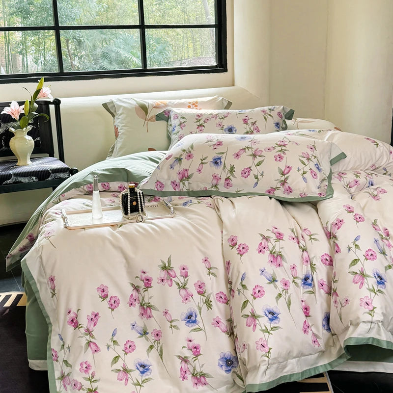 Flowers Print Pattern Egyptian Cotton 600TC Duvet Cover Bedding Set