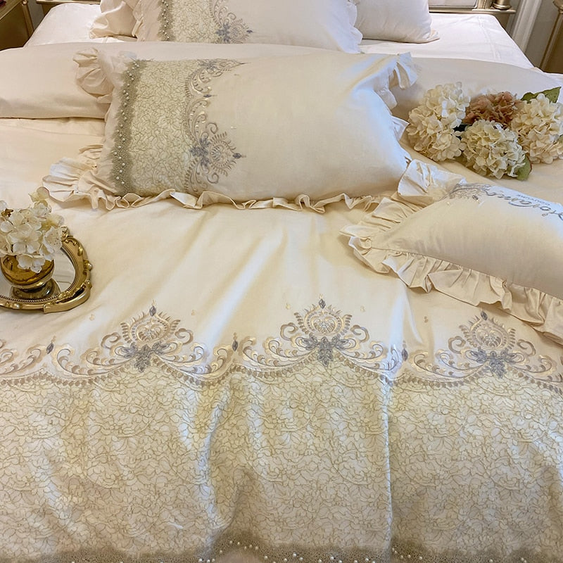 Premium French Lace Europe Handmade Beads Wedding Duvet Cover, 1000TC Egyptian Cotton Bedding Set