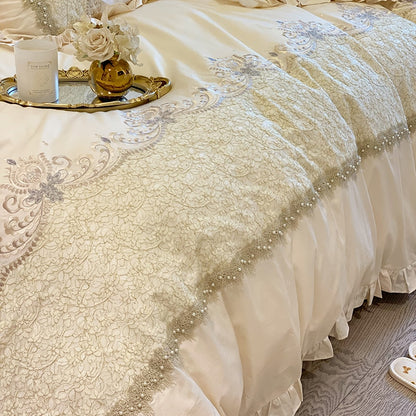 Premium French Lace Europe Handmade Beads Wedding Duvet Cover, 1000TC Egyptian Cotton Bedding Set
