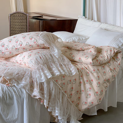 Pink French Princess Flower Double Layer Yarn Flowers White Lace Patchwork Duvet Cover, 100% Cotton Bedding Set