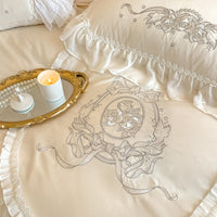 Thumbnail for White Pink Rose French Princess Chiffon Lace Edge Duvet Cover, 1000TC Egyptian Cotton Bedding Set
