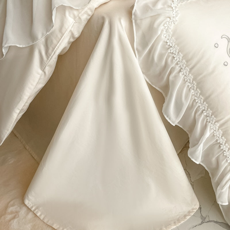 White Pink Rose French Princess Chiffon Lace Edge Duvet Cover, 1000TC Egyptian Cotton Bedding Set