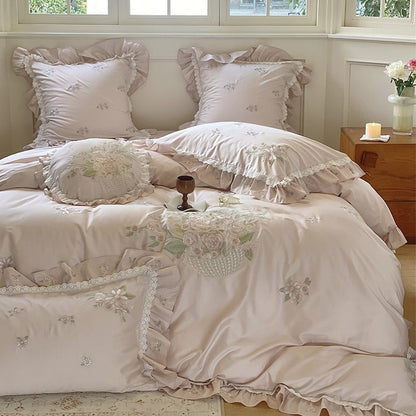 French Rose Romance Vintage Embroidered Lace Duvet Cover Set, 1000TC Egyptian Cotton Bedding Set