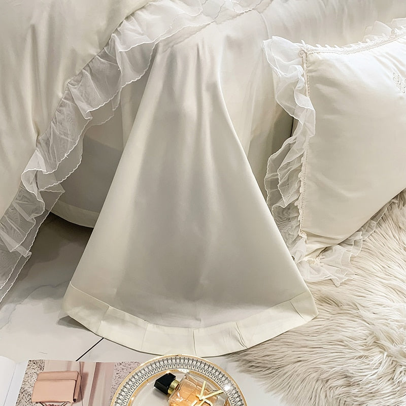 White Pink French Europe Classic Flowers Ruffles Duvet Cover, 1200TC Egyptian Cotton Bedding Set