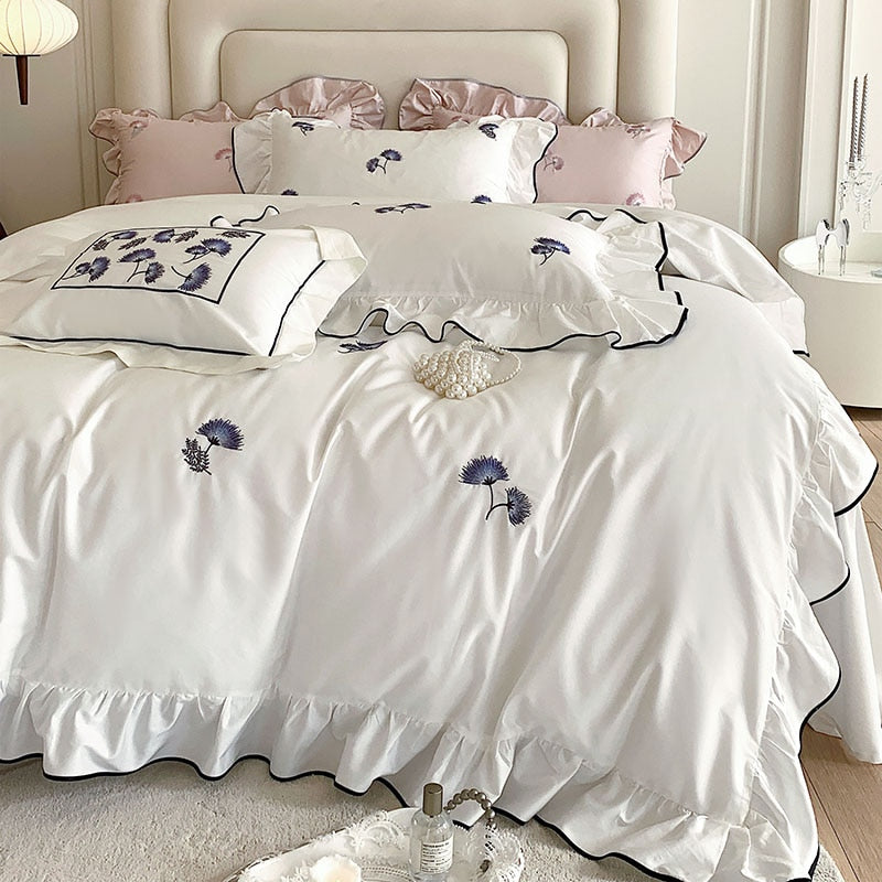 White Red Burgundy French Flower Embroidered Lace Ruffles Duvet Cover Set, 1000TC Egyptian Cotton Bedding Set