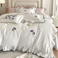 Thumbnail for White Red Burgundy French Flower Embroidered Lace Ruffles Duvet Cover Set, 1000TC Egyptian Cotton Bedding Set
