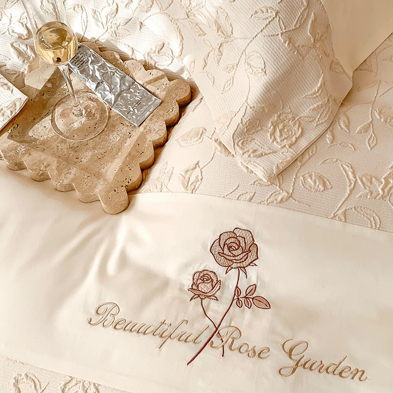 Premium White Pink French Lace Flowers Embroidered Duvet Cover, 1200TC Egyptian Cotton Bedding Set