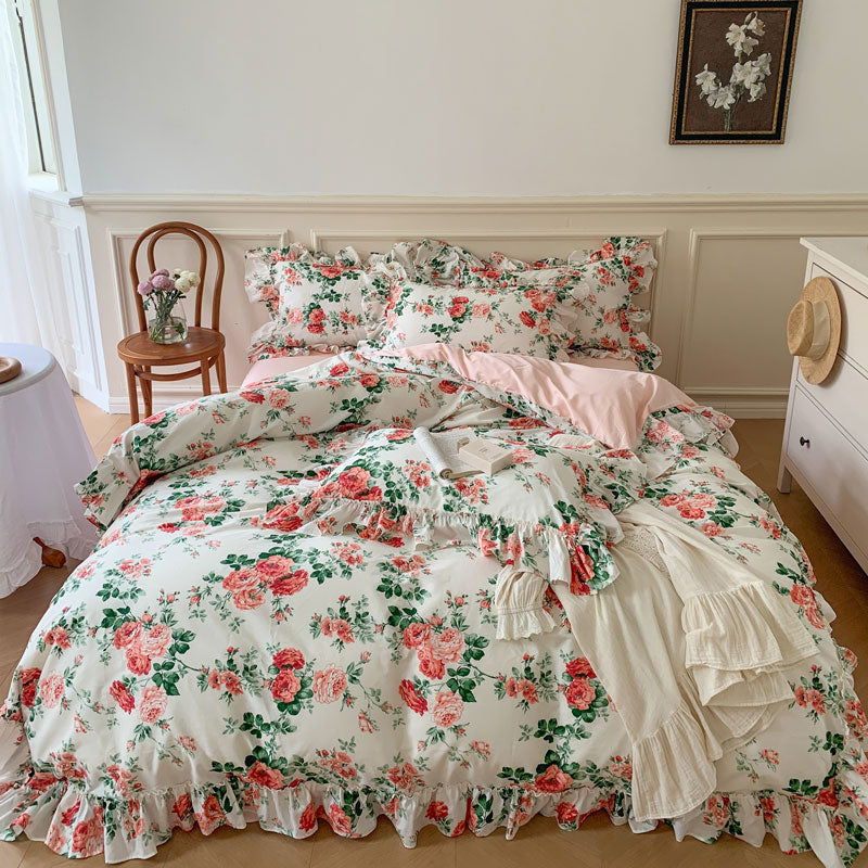 French Vintage Rose Print Pattern Bed Skirt Lace Ruffles Duvet Cover, 100% Cotton Bedding Set