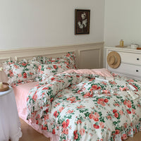 Thumbnail for French Vintage Rose Print Pattern Bed Skirt Lace Ruffles Duvet Cover, 100% Cotton Bedding Set