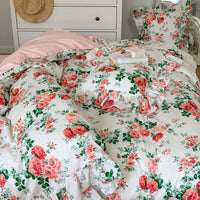 Thumbnail for French Vintage Rose Print Pattern Bed Skirt Lace Ruffles Duvet Cover, 100% Cotton Bedding Set