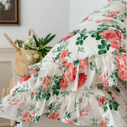 French Vintage Rose Print Pattern Bed Skirt Lace Ruffles Duvet Cover, 100% Cotton Bedding Set