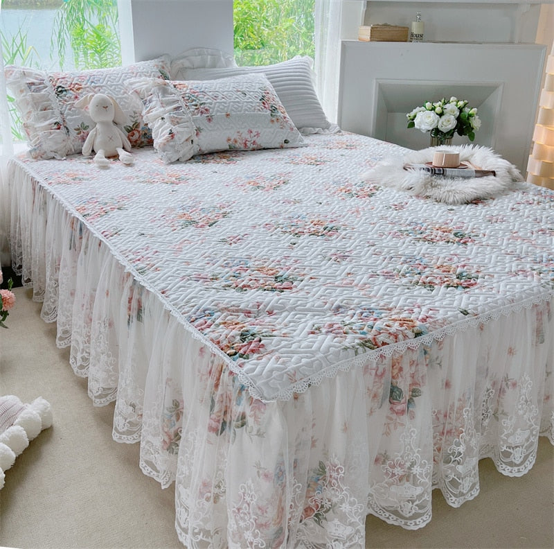 White Rose Floral French Vintage Cotton Bed Skirt Ruffle Duvet Cover Bedding Set