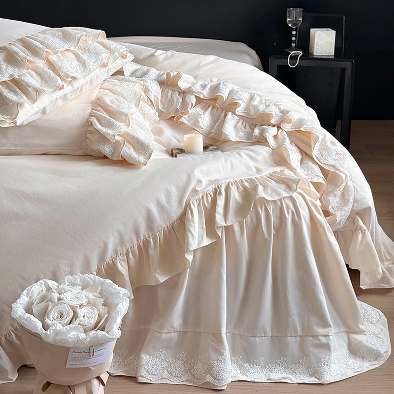 European Vintage Cotton Satin Brushed Lace Ruffles Wedding Duvet Cover Bedding Set