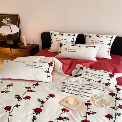 White Red French Vintage Rose Wedding Duvet Cover Set, 1000TC Egyptian Cotton Bedding Set